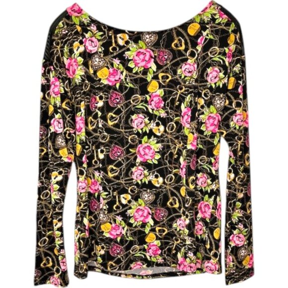 Betsey Johnson Secret Garden Top Roses Gold Rings Hearts - Black/Pink - L - Picture 3 of 10